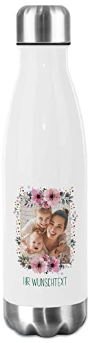 Trinkflasche Edelstahl selbst gestalten mit Foto im Rahmen & Text - Thermosflasche, Wasserflasche BPA-frei, Camping, Schule, Sport I Personalisiertes Geschenk, Blumenrahmen 2, 500 ml
