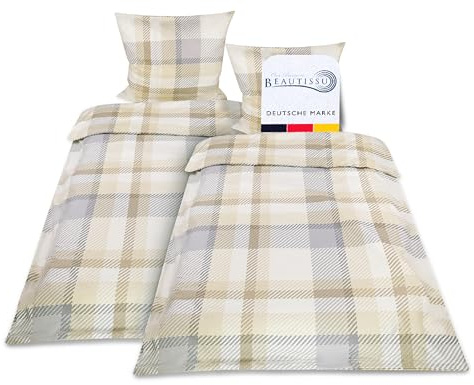 Beautissu Biber Bettwäsche 135x200 cm 4teilig Mira – Warme Flanell Winterbettwäsche Biberbettwäsche Bettbezug & Kissenbezug 80x80 cm, Warme Feinbiber Bettwäsche 135x200 Bettwäsche-Sets Beige