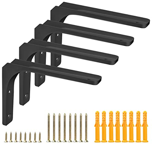 Schwarz Metall Regalhalterung,4 Stück 200mm Schwerlast Winkel L Regalträger Stützen für Wand Bücher,Modern Regalhalterung für Buch Garage Werkstatt (Schwarz)