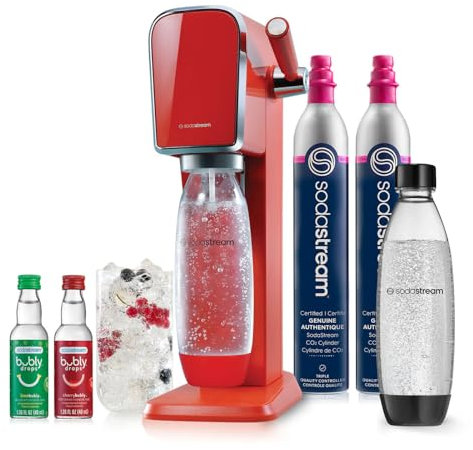 SodaStream - ART Sparkling Water Maker | VALUE BUNDLE | CQC CO2 system | Includes 2x CO2 Cylinders, 2x 32 Fl Oz Dishwasher Safe Bottles, 2x Bubly Flavor Drops | Combine with Flavors | Mandarin Red