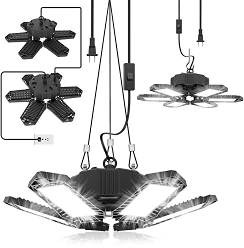 SEOBIOG 2 Pack Plug in Garage Light, Upgraded 200W 20000LM Linkable LED Shop Light, 6500K Ceiling Lights w/ 6 Deformable Panels for Garage, Warehouse, Barn, Basement (Built-in ON/Off Switch)
