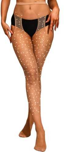 Forevers Calze A Rete Strass Donna Scintillanti A Vita Alta Elastica Night Club Cristallo Collant Festa Calza per le Donne Diamante Bling, Nudo