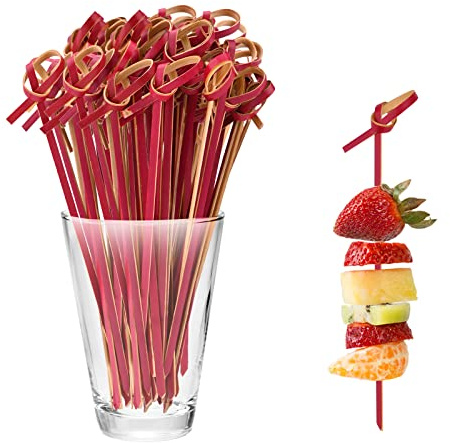 Bekecidi Bambus-Cocktail-Stäbchen, 100 Stück, Bambus-Knoten-Spieße, Mini-Lebensmittelspieße, Obststäbchen, Bambus-Zahnstocher, Cocktail-Sticks für Getränke, Canapés, Partyzubehör, 12 cm (Rot)