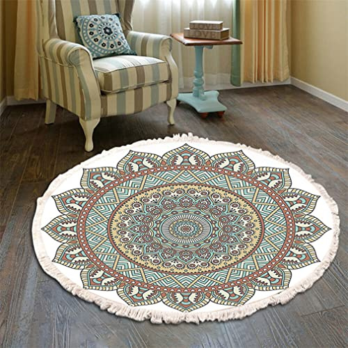Tomifine Teppich Cotton Round Rug with Tassels Vintage Bohemian Mandala Carpet Woven Area Rugs Washable Living Room Rug Soft Short Pile Mat Non Slip (60cm,Green-Yellow)