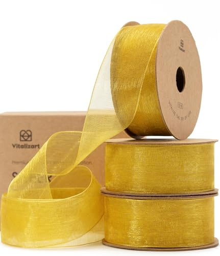 Vitalizart Gold Organza Ribbon for Gift Wrapping 1 inch x 30 Yd 3 Rolls *10Yd Extra Density Sheer Fabric Christmas Card Supplies Crafts Bows Tree Decor Wedding Wreaths Wrap
