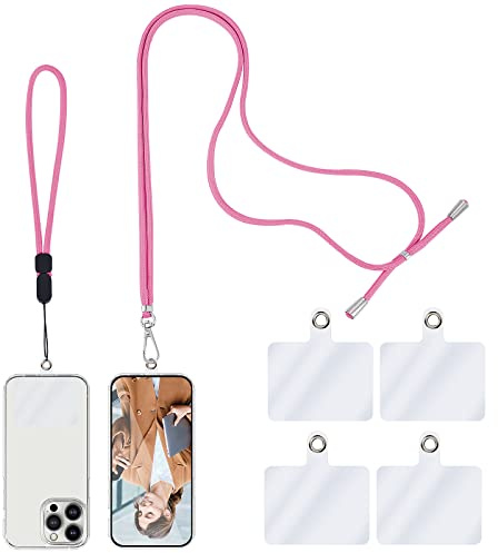 TIESOME Cordón universal para teléfono celular,cordón cruzado con correa ajustable de nailon para el cuello 1 cordón para el cuello del teléfono + 1 correa para teléfono de muñeca + 4 conectores(rosa)