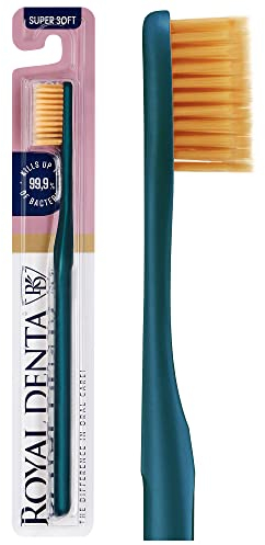 Spazzolino Extra Morbido con Particelle d’Oro | Spazzolino Manuale Ultra Soft per Denti & Gengive Sensibili | Setole Super Morbide Antibatteriche 99,9% | Royal Denta | Verde Metallizzato