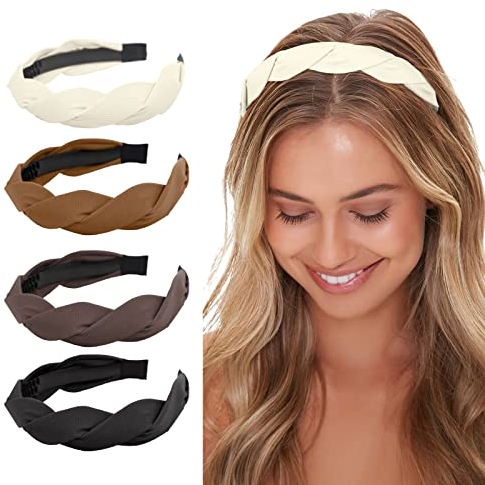 WOVOWOVO 4 Stück Mode haarreifen Damen, Geflochtenes Breite Stirnbänder für Damen rutschfest Stirnband süßes Haarband für Damenhaare Haarreifen-Zubehör