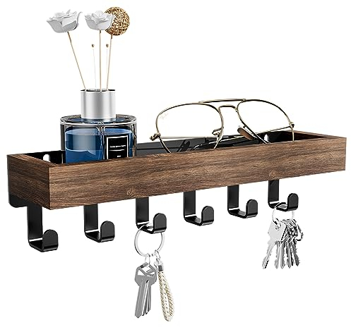 SWTYMIKI Schlüsselbrett mit Holztablett und 6 Haken - Multifunktionales Schlüsselhalter/Schlüsselboard, Schlüsselbrett mit Ablage für Flur, Schlafzimmer & Küche, Hängen Küchenbesteck