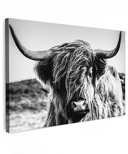 MuchoWow© Bild auf Leinwand Klein Mini Schlafzimmer Bilder Schwarzweiss | 30x20 cm - Wand Deko Wohnzimmer Modern Wanddeko Geschenk Kuh - Schottisches Hochlandrind - Highland Cow - Hörner