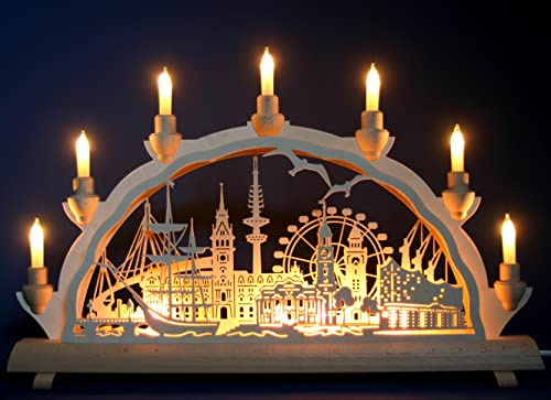 Schlick & Türk Schwibbogen Hamburg - Stadtmotiv - 51cm, 7 Kerzen + Vorbeleuchtung - Feine Handarbeit aus dem Erzgebirge - Weihnachten erzgebirgischer Lichterbogen