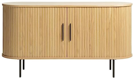 Trendstore Uriel Sideboard in Lamellenoptik, Schiebetüren, moderner Retrolook, Lamellen-Design, Metallakzente, 2 Einlegeböden, praktische Metallfüße, Wohnzimmer, Lamellen Eiche Furnier Natur, 140