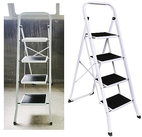 4 Step Ladder Folding, Portable Safety 4 Step Stool, 4 Treads Stepladder with Handrail, Anti-Slip, Heavy Duty Metal, for Home/Kitchen/Garage/Painting/Decorating/Housework
