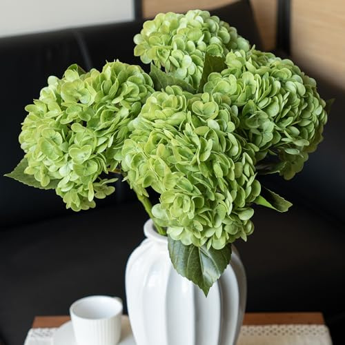 DUYONE 4 hortensias artificiales grandes realistas de 56 cm, para exteriores, boda, Navidad, oficina, fiesta familiar, sala de estar, decoración de mesa, color verde