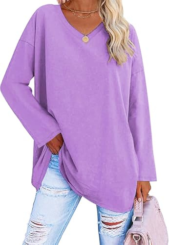 ELFIN Maglietta a Maniche Lunghe da Donna T-Shirt con Scollo a V Oversize Magliette Casual Camicia Elegante Lilla, S Tall