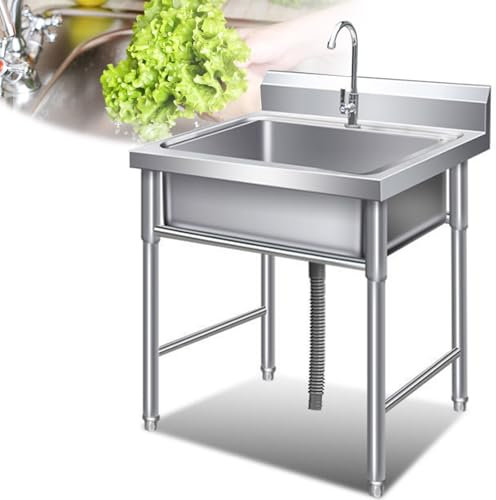 304 Stainless Steel Square Sink，Outdoor Portable Commercial Sink Unit with Single Bowl Tap Strainer, Free Standing Thickened Kitchen Utility Sink for Garage, Restaurant, Kitchen, Laundry Room