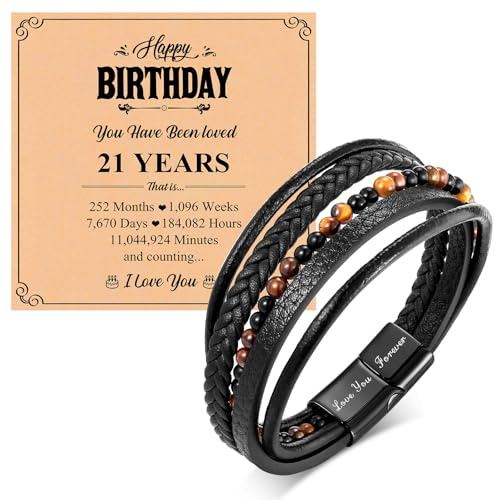 18th 21st Birthday Gifts for Boys Mens Leather Bracelet - Birthday Ideas Multi-Layer Bracelet for Men Tiger Eye Wristband Birthday Present for Him Mens Jewellery for Son Grandson Brother Friend