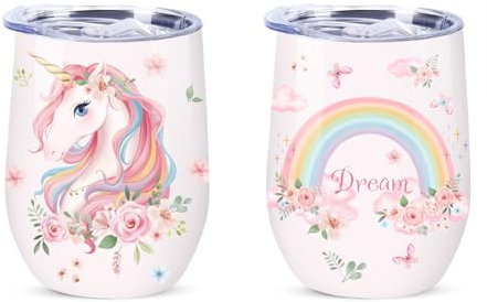 NymphFable 12oz/350ml Edelstahl Thermobecher Kaffeebecher to go, Einhorn Weinbecher Weinglas Mit Deckel und Strohhalm, Kaffee, Cocktails
