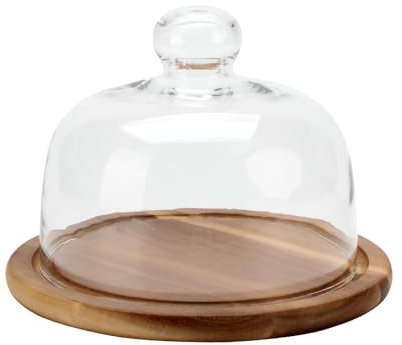KVMORZE 8.6''Cake Stand with Glass Dome, 2-in-1 Acacia Wood Cheese Cupcake Decorative Tray, Glass Dome with Base, 6.6 Cake Fruit Display Server Platter for Kitchen, Party, Appetizer (Wood 8.6 inch)