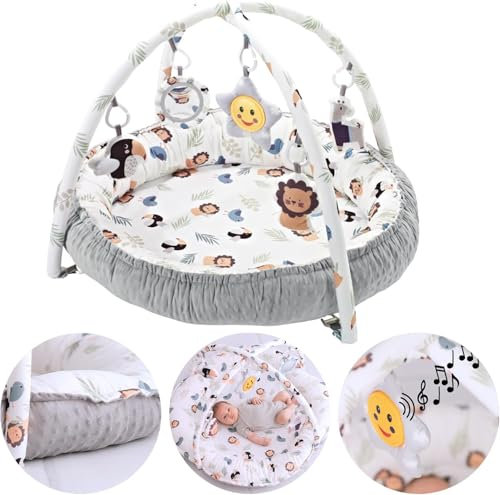Olmitos - Gimnasio para bebés Multifuncional y Evolutivo con Arcos de juguetes LION, Manta de juegos, Juguetes Colgantes y Música - Estimula el Desarrollo Motor y Sensorial del Bebé