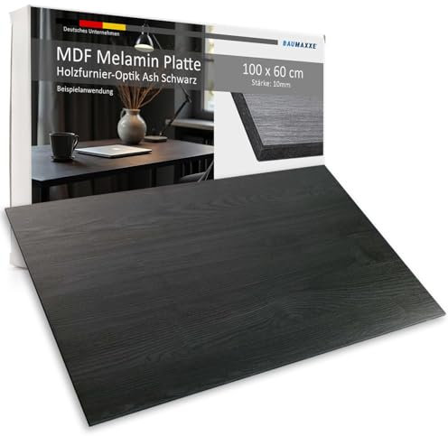 Baumaxxe Tischplatte I 100 x 60 cm I rechteckig I Stärke: 10 mm I schwarz Ash I MDF Platte Melaminbeschichtung beidseitig I DIY-Projekte I bm336