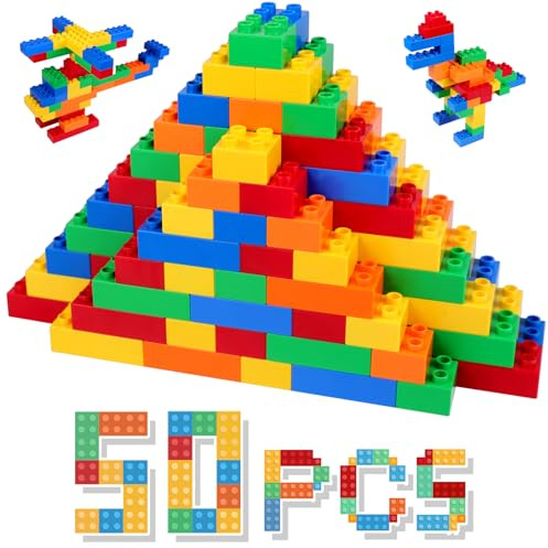 HIUME Bloques de Construcción Grandes para Niños - Set de 50 Piezas (25x 2x2, 25x 2x4), Compatibles con Bloques Tipo Duplo, Juguete Educativo para 3 4 5 6 Años, Juego Creativo en 5 Colores.