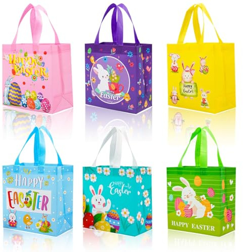 Geschenktüten Ostern, 6 Stück Ostersackerl Vliesstoff Oster Geschenktasche mit Griff, Wiederverwendbar Oster Taschen, für Geschenkverpackungen, Eiersuche, Partyzubehör