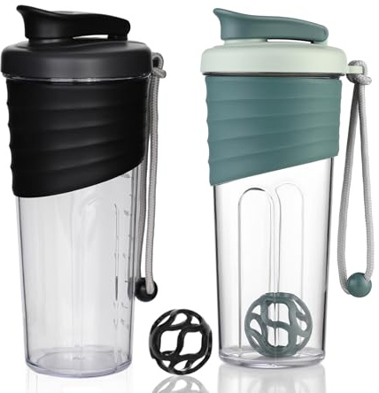 OUOUMUF Lot de 2 shakers protéinés avec boule mélangeuse en Tritan, pour shakes protéinés, pour shakers de fitness super crémeux, 700 ml, noir et bleu