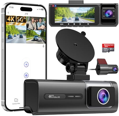 Vasip Dashcam Voiture Avant Arrière 4K+1080P+1080P, 5GHz WiFi 3 Canaux Caméra Embarquée Voiture avec Carte SD 64G, Capteur G, Vision Nocturne, Enregistrement en Boucle, Moniteur de Stationnement