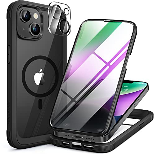 Miracase Magnetic for iPhone 14 Case, Full Body Protection, Black | [Built-in 9H Tempered Glass Screen Protector + Camera Lens Protector] Compatible with MagSafe, Military Grade Drop Proof 6.1