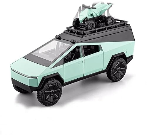 TGRCM-CZ 1/32 Tesla Cybertruck Elektro-Pick-Up-Modellauto Camping Wohnmobil mit Motorrad, Zinklegierung, Rückziehfahrzeuge, Modellauto mit Sound und Licht, für Kinder ab 3 Jahren, Geburtstagsgeschenk