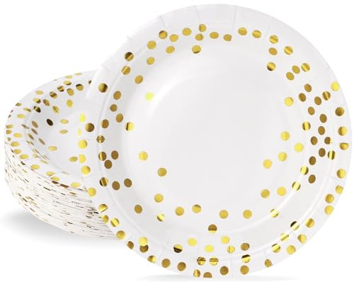 JSMTKJ Partyteller Dessertteller 50 Stück Partyteller Goldfolie Teller Set 18cm Partygeschirr Set Papier Teller Weiß mit Gold Gepunktete für Happy Birthday Ostern, Hochzeit, Kindergeburtstag