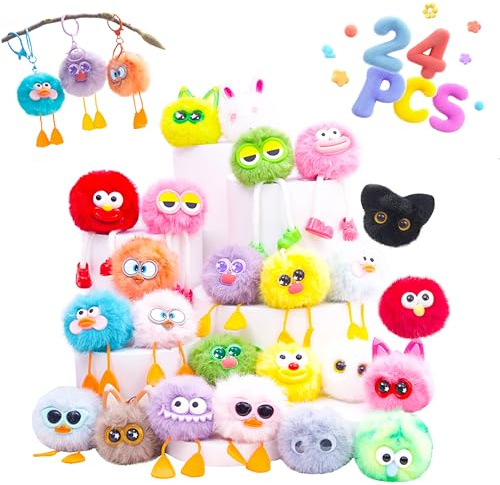 OMyFav 24 PCs Kids Keychains - Fuzzy Plush Keychain Bulk for Birthday Goodie Bags Stuffers Party Favors Pinata Toys Classroom Prizes Elementary Monster Keychains Bulk for Kids Treasure Box Prizes