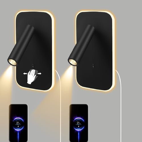 Hoyiyobi Luz de Lectura Junto a la Cama, 2 PCS Lámpara de Lectura de LED Inducción, 3W+9W 3000K Luz de Pared LED con Interruptor y Puerto de Carga USB, Foco Giratorio Montado en la Pared
