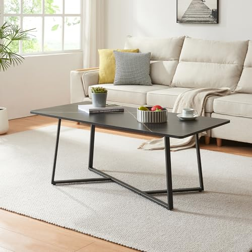 [en.casa] Soffbord riskift, vardagsrumsbord 120 x 60 x 48 cm, rektangulärt soffbord med metallram, kaffebord, marmorutseende, svart