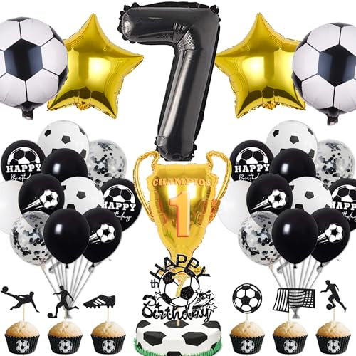 Fussball Deko Geburtstag Kinder 7 Jahre Junge - 7. Geburtstagsdeko Luftballons Fußball Folienballon, Tortendeko und XXL Zahlenballon zum Kindergeburtstag Party Dekoration