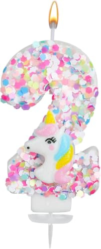 Vela Unicornio con Número, Purpurina Lentejuelas Velas Cumpleaños Numeros Adorno para Tarta de Unicornio Decoración Cumpleaños para Niñas Baby Shower y Celebraciones Temáticas (2)