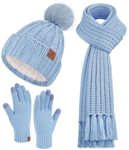 ZASFOU Damen Winter Beanie Mütze Schal Touchscreen Handschuhe Set Thermo Fleece Strickmütze Wintermütze mit Bommel Lange Schals Winterschal Winterhandschuhe Frauen Geschenk