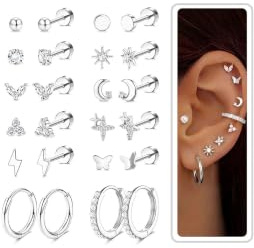 JeweBella 12 Paar Ohrringe Gold Silber Set Medizinische Ohrstecker Creolen | Hypoallergene 316L Chirurgenstahl Ohrringe für Empfindliche Ohren,14K Vergoldet Helix Tragus Piercing Ohr für Damen Herren