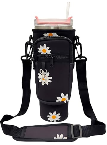 XINGSUI 1 pza Protector Botella,Funda para Botella Agua,para Viajes,Caminar | Neopreno, negro, con estampado margaritas, correa regulable, bolsillo frontal y llavero, protege el vaso de arañazos y golpes