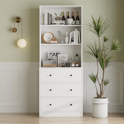 VOWNER 5-stöckiges Bücherregal mit Glastüren, 180 cm Vitrinenschrank, Küchenschränke, Küchenschrank Hochschrank, Buffetschrank für Küche, Wohnzimmer, Esszimmer, B (Weiß, 1PCS)