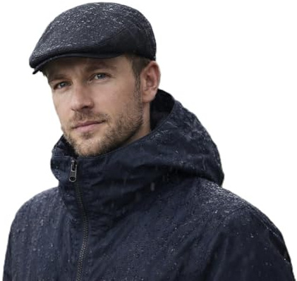 London Design Waxed Cotton Waterproof Flat Cap, Black, One Size 55-60cm, Adjustable with Quilted Lining, Men's Rain Hat for Outdoor Sports and Country Wear