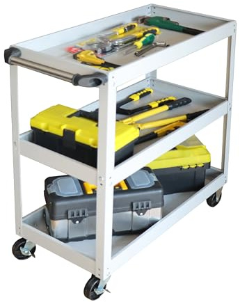 Relaxdays verkstadsvagn, verktygsvagn, 3 hyllor, mobil rullvagn, grå | upp till 100 kg, HxBxD: 82,5 x 84 x 41 cm
