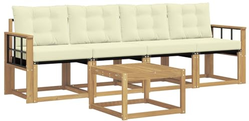 QJBSAVVA 5-Teiliges Gartenmöbel-Set aus Akazienholz mit Kissen, Modernes Lounge-Set mit Tisch und Sofa für Terrasse, Garten und Balkon, Outdoor Sitzgruppe in Weiß und Creme