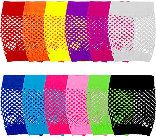 TecUnite 12 Pairs Fingerless Fishnet Neon Gloves for Women - 80s 90s Short Net Mesh Accessories - Assorted Colors for Halloween Party Costume Cosplay