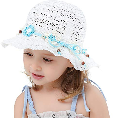 Sombrero para el Sol Niña Sombrero de Paja Encaje Princesa Vacaciones Sombrero de Pesca Plegable Bebé Niños Gorro Primavera Verano Playa Dulce y Encantador, Blanco 46cm