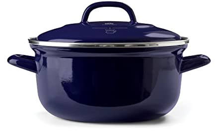 BK Indigo Holländisches Erbe Runde Deutsche Emaillierte Kasserolle mit Deckel mit PFAS-Freier Keramischer Antihaftbeschichtung, 22 cm/3,3 Liter, Induktion, Spülmaschinenfest, Backofenfest, Kobaltblau