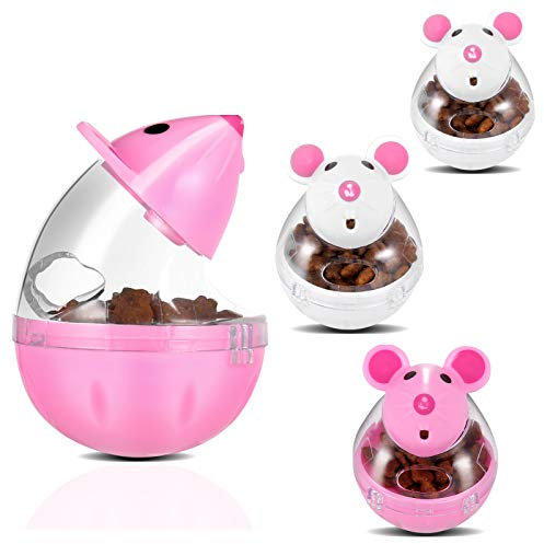 PORTOWN 4 Pcs Cat Food Ball Dispenser, Small Cat Food Balls Slow Feeder Mice Shaped Tumbler Cat Food Toy Cat Treat Toy Feeder Toy for Interactive IQ Treat Training(Pink,White)
