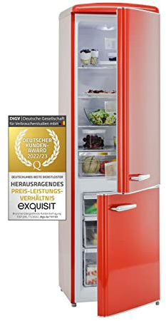 Exquisit® Frigorífico Combi Retro, 244L, Clase E, Color Rojo, Cajón Verdulero, Altura Regulable, Tiradores Retro, Estantes de Cristal, Consumo 202 kWh/año, Medidas 183x54,5x57,5 Cm