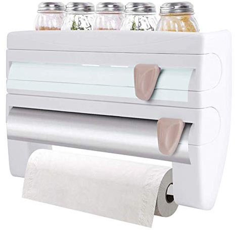 Ecoodisk Kitchen Roll Dispenser, 3 in 1 Wall Mounted Cling Film and Foil Cutter, Multifunctional Paper Holder Storage Rack, B